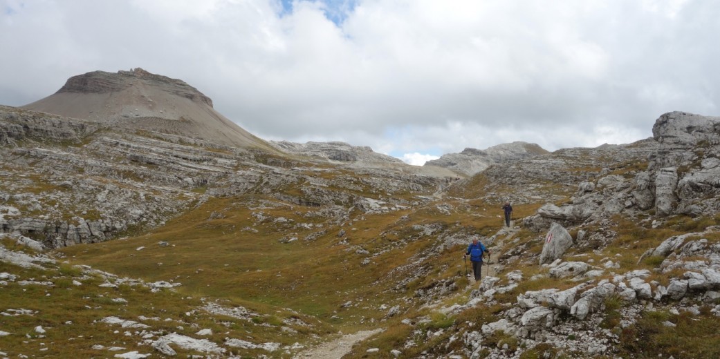 The Puez Plateau is reminiscent of a lunar or volcanic landscape, Col dala Soné on the left