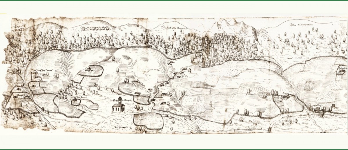 The village of Lungiarü/Campill with the church in a depiction from 1580. The drawing was realised under Matthäus Prack, caretaker of the Court of Thurn an der Gader.