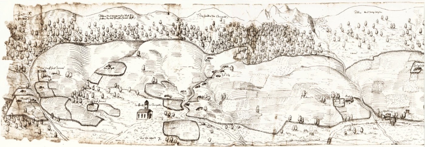 The village of Lungiarü/Campill with the church in a depiction from 1580. The drawing was realised under Matthäus Prack, caretaker of the Court of Thurn an der Gader.