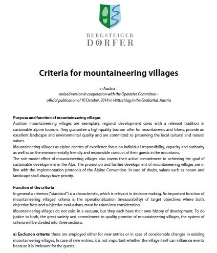 Criteria of the mountaineering villages