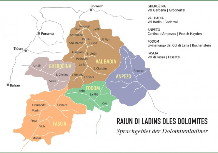 Map of the Ladin-speaking areas in the Dolomites – South Tyrol, Trentino and Veneto<br />
<br />